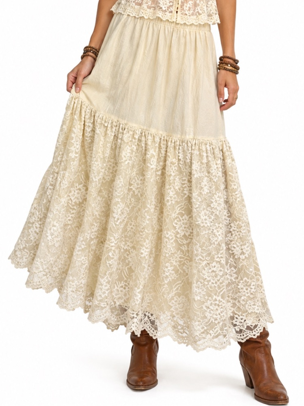 My Michelle Cream Lace Tiered Maxi Lingerie Skirt Elastic boho vintage style
